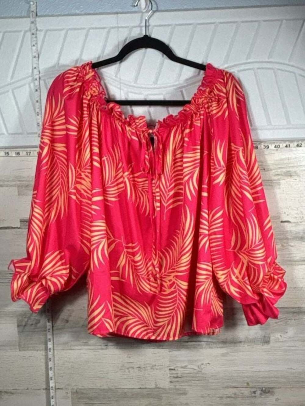 ChicMe Pink Palm Leaf Print Off Shoulder Long Sleeve Blouse Top M